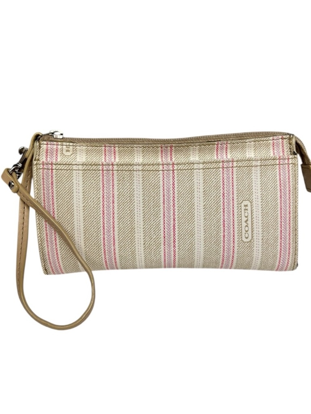Coach Stripe Canvas Wristlet Wallet Beige Pink Signature Zip Clutch